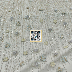 تل مطرز ورود بارزة مع ترتر وخرز وكرستال #١٠٩ - قماش نسائي للمناسبات (رمادي)