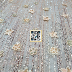 تل مطرز ورود بارزة مع ترتر وخرز وكرستال #١٠٩ - قماش نسائي للمناسبات (وردي)