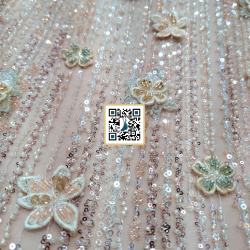 تل مطرز ورود بارزة مع ترتر وخرز وكرستال #١٠٩ - قماش نسائي للمناسبات (وردي)